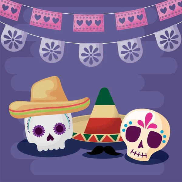 Mexican skull and hats with banner pennant vector design — Stock Vector