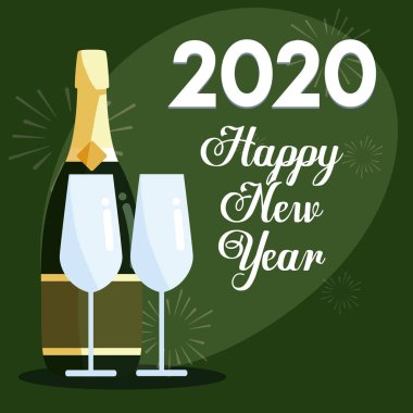 Mutlu yıllar 2020 şişe ve bardak vektör tasarımı
