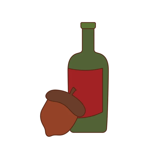 Бутылка вина и желудь векторного дизайна Дня благодарения — стоковый вектор