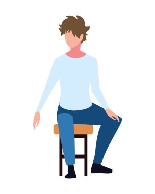 Genç adam beyaz arka planda sandalyede oturuyor.