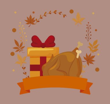 Tavuk hediyesi ve Şükran Günü vektör tasarımının yaprakları