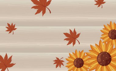 Sonbahar yaprakları ve ayçiçekleri ahşap taşıyıcı tasarımın üzerine