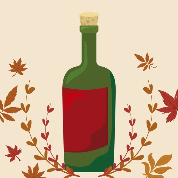 Wijn fles en bladeren van Thanksgiving dag vector ontwerp — Stockvector