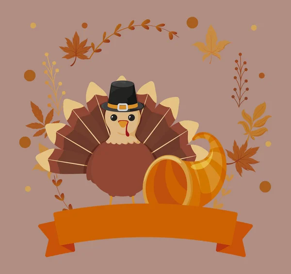 Turkey and plenty horn of thanksgiving day vector design — Stock Vector