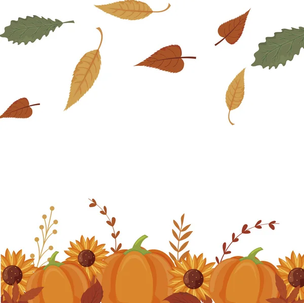 Herbst-Kürbisse Sonnenblumen und Blätter Vektordesign — Stockvektor