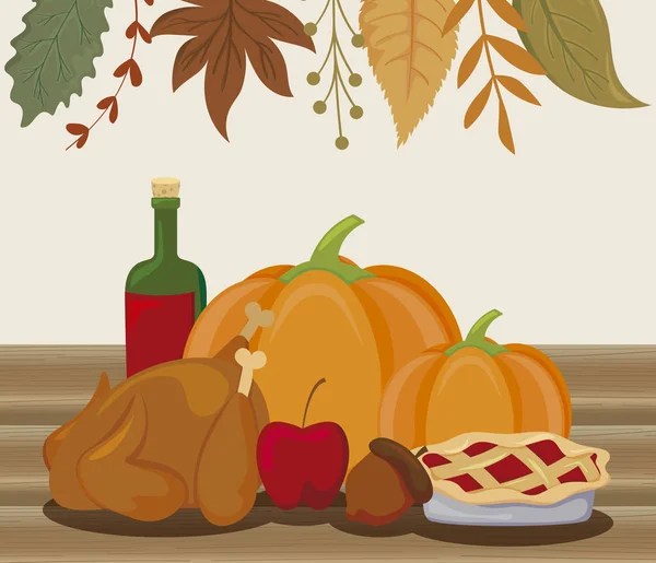 Food and leaves of thanksgiving day vector design — Stock Vector