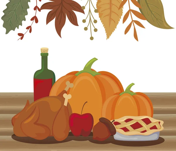 Food and leaves of thanksgiving day vector design — Stock Vector