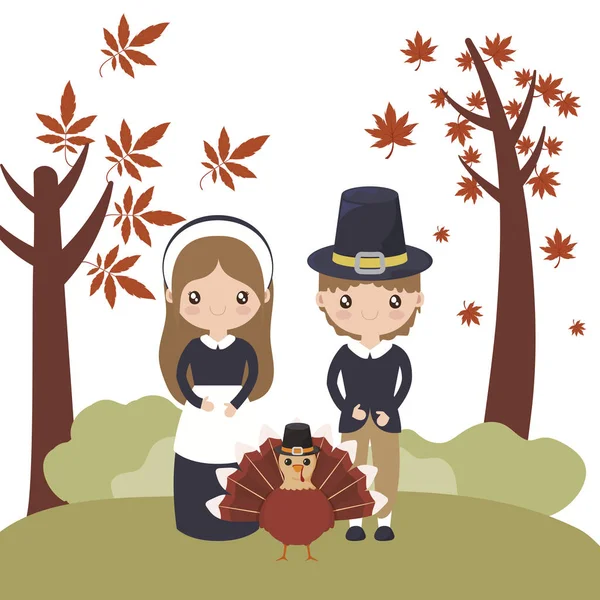 Vrouw en man cartoon van thanksgiving dag vector ontwerp — Stockvector