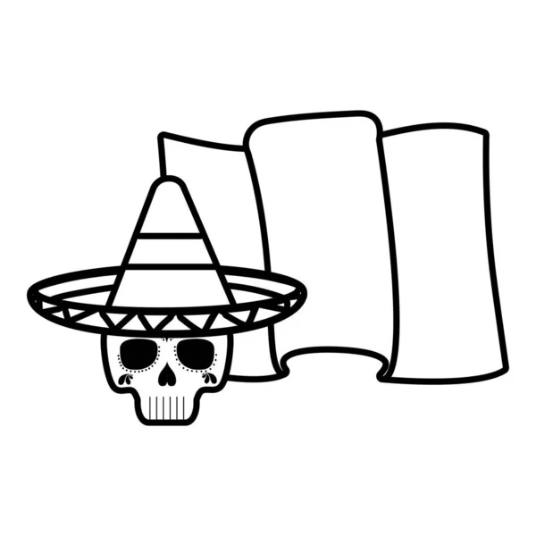 Crânio mexicano isolado com desenho de chapéu e mapa vetorial — Vetor de Stock