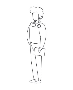 Kulaklığı ve dizüstü bilgisayarı olan izole edilmiş avatar adam.