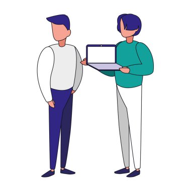 Dizüstü bilgisayar vektör tasarımı ile izole edilmiş avatar adamlar