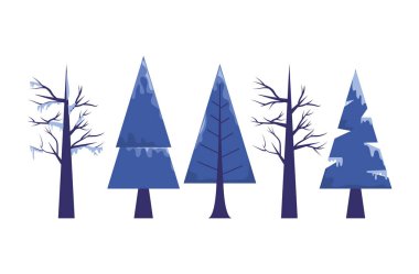 Kar vektörü dizaynlı mavi ağaçlar ve çam ağaçları