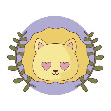 Kawaii aslan karikatürü yapraklı vektör tasarımı