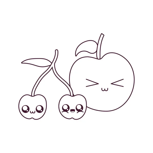 Kawaii cereza y manzana diseño de vectores de dibujos animados — Vector de stock