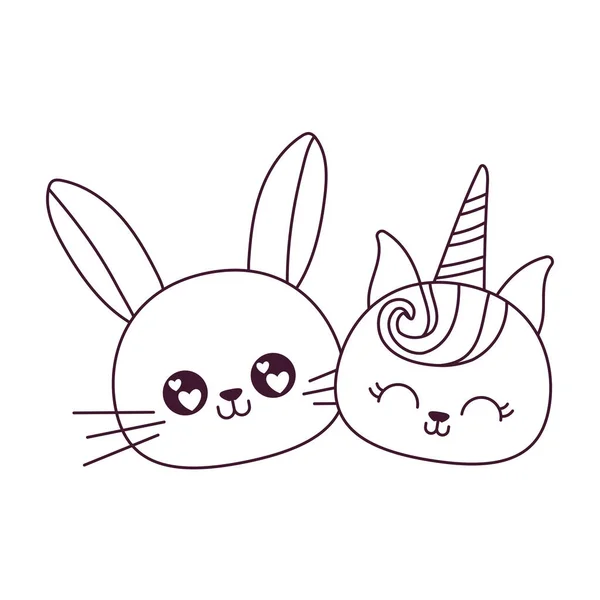 Kawaii tavşan ve kedi tek boynuzlu at çizgi film tasarımı — Stok Vektör
