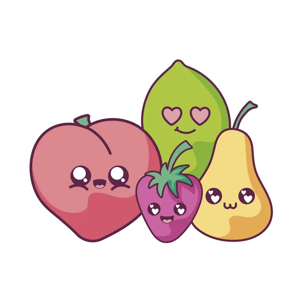 Kawaii perzik citroen aardbei en peer cartoon vector ontwerp — Stockvector