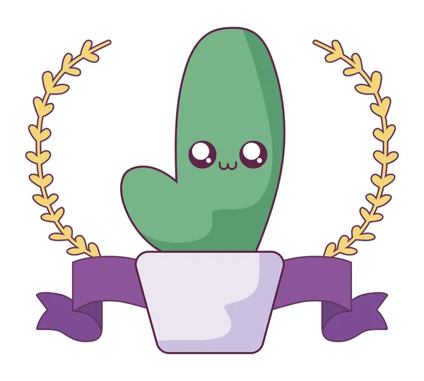 Dessin animé de cactus de Kawaii avec la conception vectorielle de couronne de feuilles — Image vectorielle