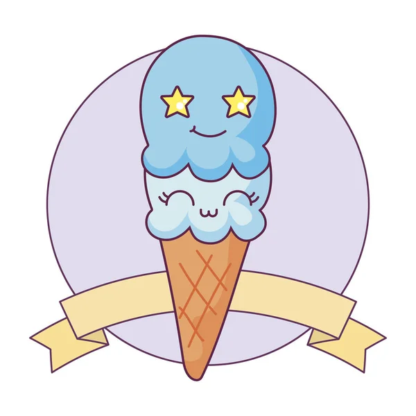 Cartone animato gelato Kawaii con disegno vettoriale del nastro — Vettoriale Stock