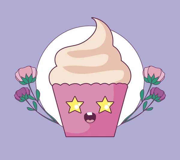Kawaii cupcake desenhos animados com design de vetor de flores — Vetor de Stock