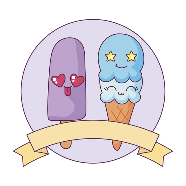 Ghiacciolo di Kawaii e disegno del vettore del fumetto del gelato — Vettoriale Stock