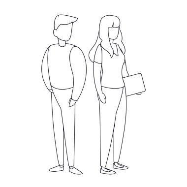 Dizüstü bilgisayarı ve erkek avatar tasarımı olan izole bir kadın.