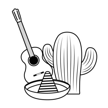 Şapkalı ve gitar vektör tasarımlı izole Meksika kaktüsü.