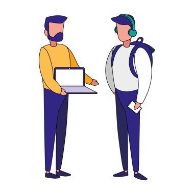 Dizüstü bilgisayarı ve akıllı telefon vektör tasarımı olan izole edilmiş avatar adamlar.