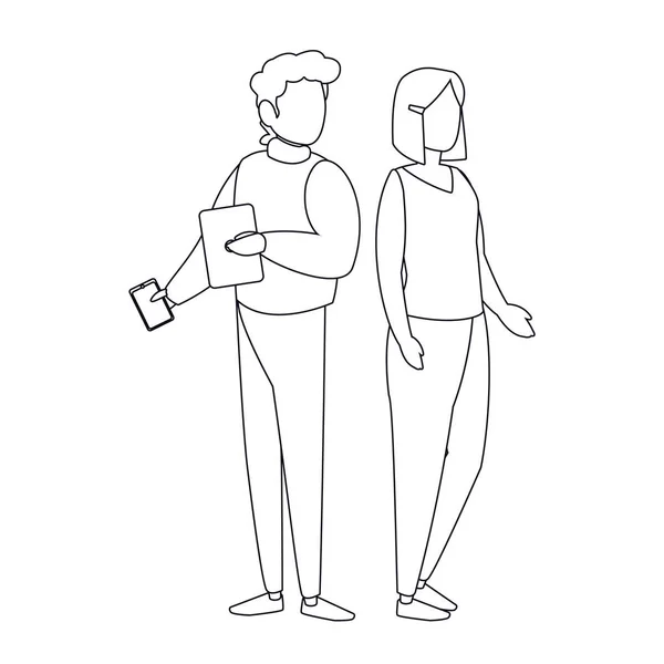 Mujer y hombre aislados con portátil y diseño de vectores de teléfonos inteligentes — Vector de stock