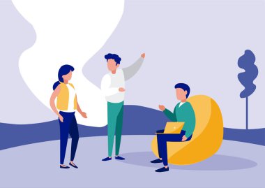 Bir grup iş adamı dizüstü bilgisayar ve koltuk vektör tasarımı