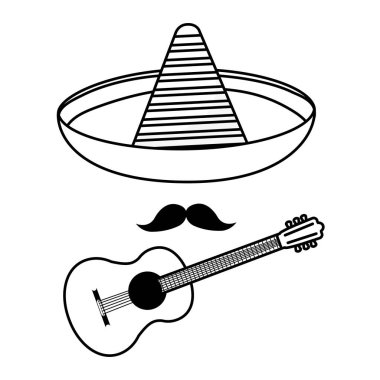 İzole Meksika şapka gitarı ve bıyık vektör tasarımı