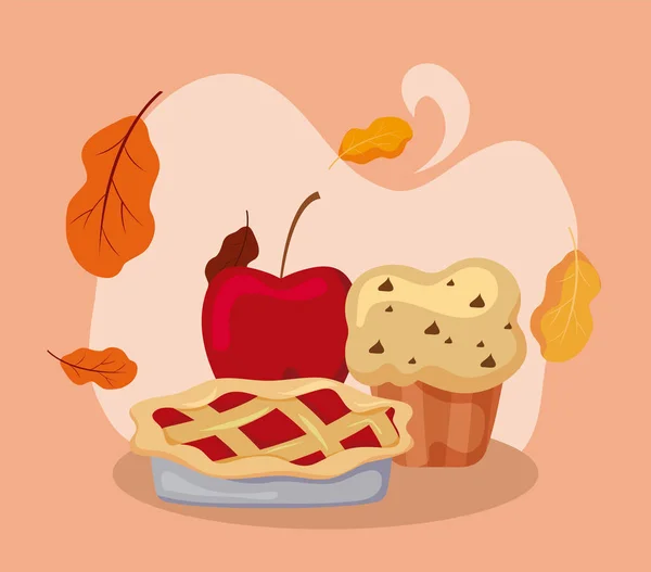 Muffin gâteau et pomme de conception vectorielle de la saison d'automne — Image vectorielle