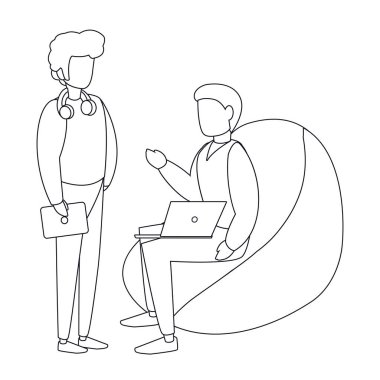 Dizüstü bilgisayarları ve kulaklık tasarımı olan izole edilmiş avatar adamlar.