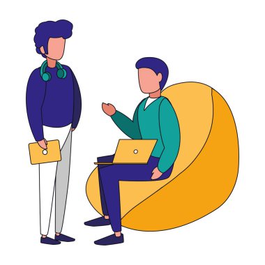 Dizüstü bilgisayarları ve kulaklık tasarımı olan izole edilmiş avatar adamlar.