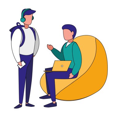 Dizüstü bilgisayarı ve akıllı telefon vektör tasarımı olan izole edilmiş avatar adamlar.