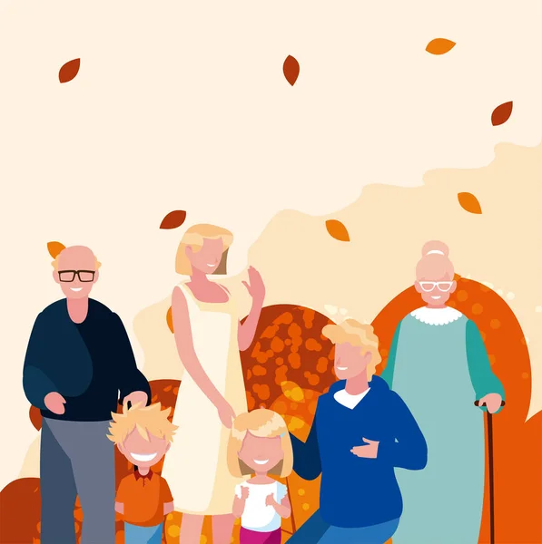 Family and leaves in autumn season vector design — Stock Vector