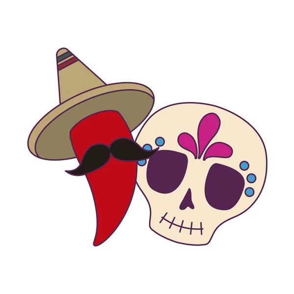 隔離されたメキシコの頭蓋骨とチリのベクトルデザイン — ストックベクタ