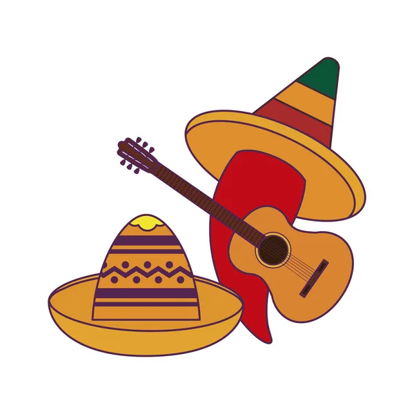 Geïsoleerde Mexicaanse hoed chili en gitaar vector ontwerp — Stockvector