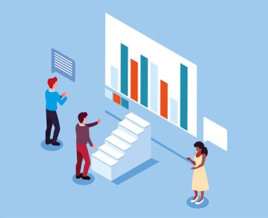 Önünde grafikleri olan bir grup insan, iş çalışma süreçleri ve beyin fırtınası