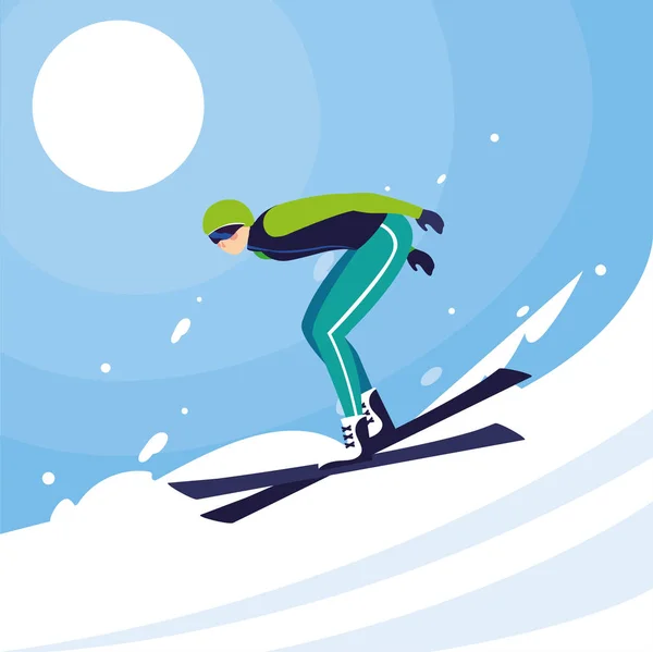 Hombre con esquí de montaña, esquí alpino, deporte de invierno extremo — Vector de stock