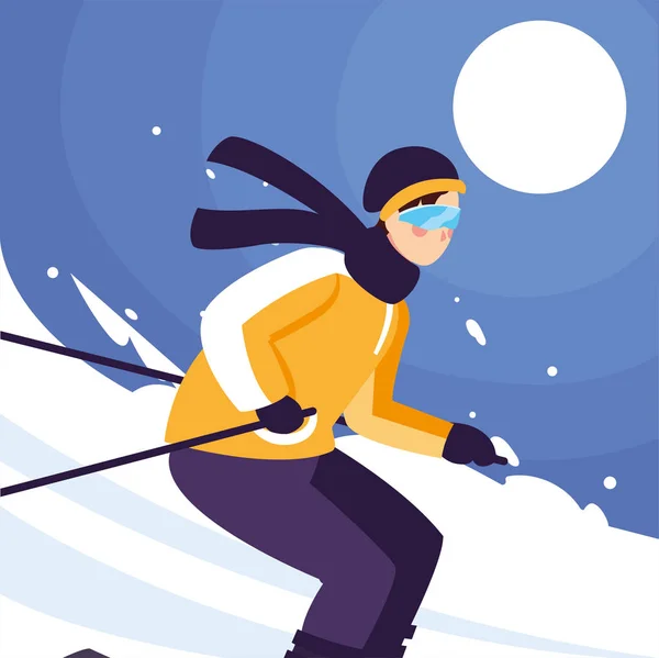 Man met bergski, staande en in beweging. Alpine skiën, extreme wintersport — Stockvector