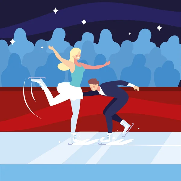 Pareja de personas practicando patinaje artístico, deporte sobre hielo — Vector de stock