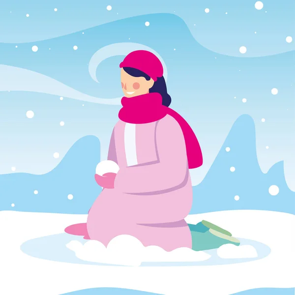 Woman with winter clothes in landscape with snowfall — Stock Vector