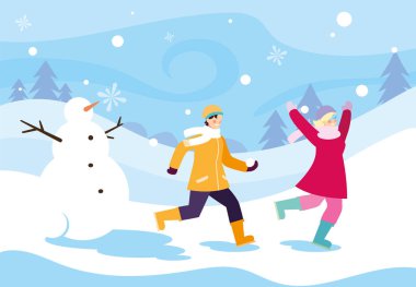 Kış manzarasında kardan adamla birkaç kişi.