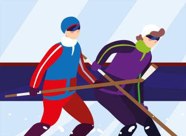 Hokey oynayan erkekler, hokey sopalı hokey oyuncuları, buz hokeyi diski