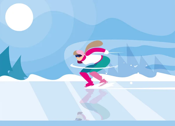 Kobieta na łyżwach na lodowisku, sport zimowy — Wektor stockowy