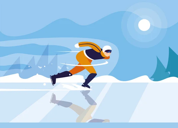 Férfi korcsolyázás a jégpályán, téli sport — Stock Vector