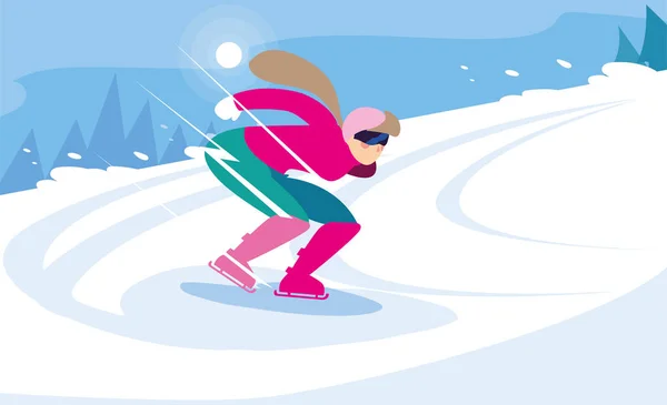 Genç kadın buz pateni, kış sporu — Stok Vektör