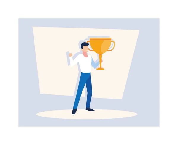Young man with gold trophy — Stock Vector