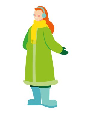 Beyaz arka planda kışın giyinmiş bir kadın.