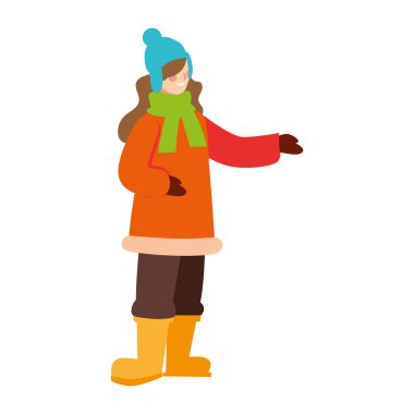 Beyaz arka planda kışın giyinmiş bir kadın.